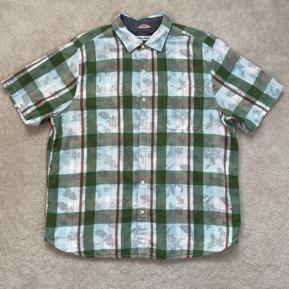 Tommy Bahama Shirt Mens XL Green Plaid Floral Lined Camp Hawaiian